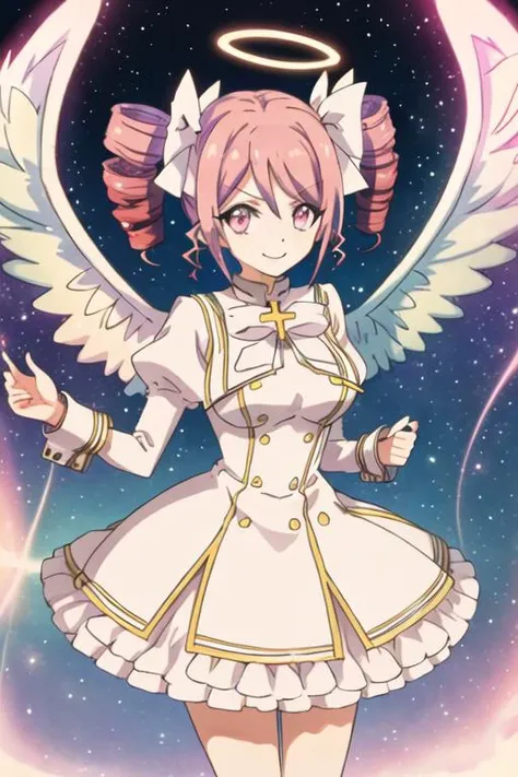 best quality, masterpiece, highres, solo, {pino_jashinchandropkick:1.15}, drill_hair, pink_hair, twin_drills, ribbon, twintails, hair_ribbon, cross, pink_eyes, 1girl, angel, angel_wings, halo, looking_at_viewer, wings, smile, breasts, one_eye_closed