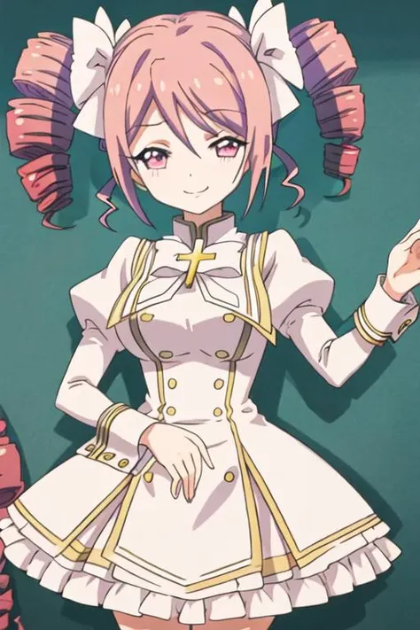 best quality, masterpiece, highres, solo, {pino_jashinchandropkick:1.15}, drill_hair, pink_hair, twin_drills, ribbon, twintails, hair_ribbon, cross, pink_eyes, 1girl, closed_eyes, smile, =_=, blush, own_hands_clasped, own_hands_together