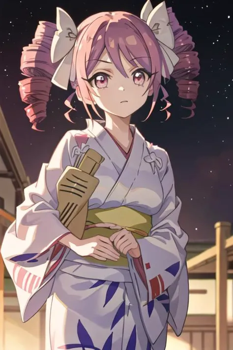 best quality, masterpiece, highres, solo, {yukata:1.40}, {kimono:1.20}, {pino_jashinchandropkick:1.15}, drill_hair, pink_hair, twin_drills, ribbon, twintails, hair_ribbon, cross, pink_eyes