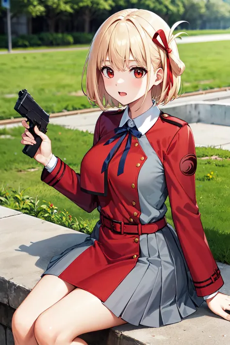 masterpiece, best quality, highres, aachisato, short hair, hair ribbon, breasts, neck ribbon, collared shirt, lycoris uniform, two-tone dress, red dress, grey dress, long sleeves, red belt, <lora:nishikigi_chisato_v1:0.7>, outdoors, ruin, holding weapon, g...