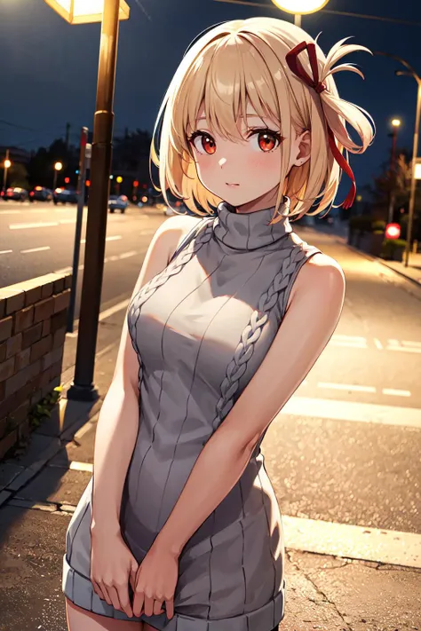 masterpiece, best quality, highres, aachisato, short hair, hair ribbon, <lora:nishikigi_chisato_v1:0.7>, sweater dress, sleeveless, turtleneck, night, street, ribbed sweater,