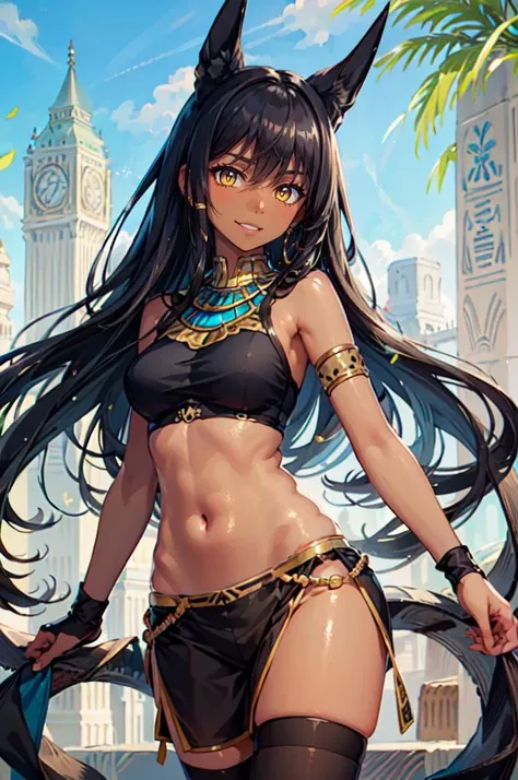 smile, cowboy shot,  <lora:Anubis_Citron_OC_Anime:0.8> Anubis_Citron_OC, (dark skin:1.3), black hair, yellow eyes, pelvic curtain, crop top, thighhighs,, ultra detailed, masterpiece, best quality, aesthetic, detailed,