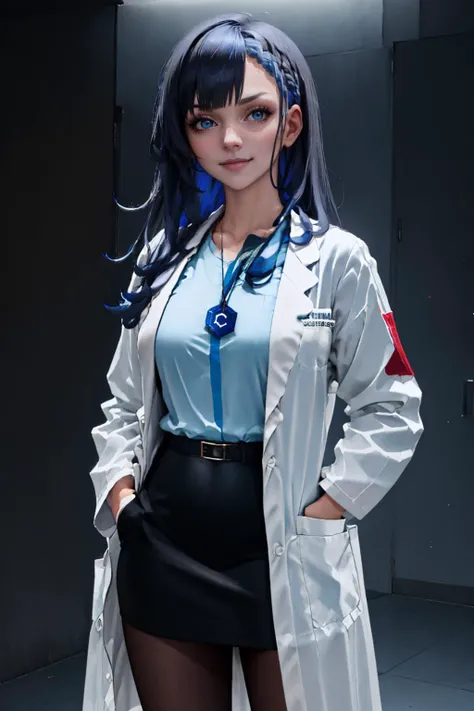 (masterpiece, best quality:1.2), simple background, solo, 1girl, civitai-chan, smile, looking at viewer, hands in pockets, braided bangs, v-shaped eyebrows, labcoat, shirt, shirt tucked in, single vertical stripe, black skirt, pencil skirt, pantyhose, neck...