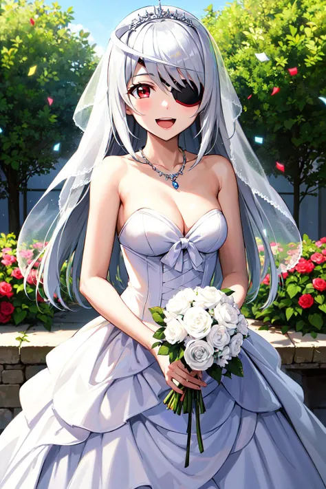 masterpiece, best quality, highres, aalaura, long hair, eyepatch, <lora:laura_bodewig_v1:0.7>, small breasts, wedding dress, cleavage, necklace, strapless, white dress, garden, standing, holding bouquet, open mouth, smile, confetti,