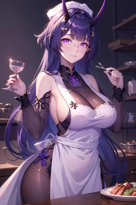 (highly detailed:1.3), 
1girl, solo, light smile, glasses, horns, (white chef hat:1.2), (apron:1.1), 
<lora:wrenchs_aqueous_mei-000009:1>, wrench_aqueousmei, 
Ultra-detail, (highres:1.1), best quality, (masterpiece:1.3), cinematic lighting,