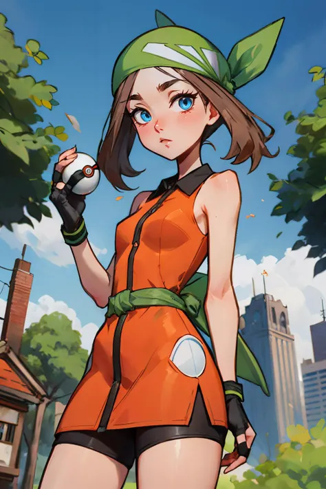 a woman in an orange dress holding a baseball bat