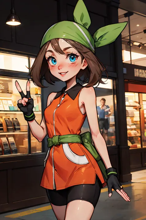 pkmnmay,blue eyes, brown hair, green bandana,orange dress, collared dress, sleeveless, black gloves, black shorts, fingerless gloves, shorts under dress, looking at viewer, smiling, blush, hand, peace sign, walking, inside, mall, store, crowd, bright light...