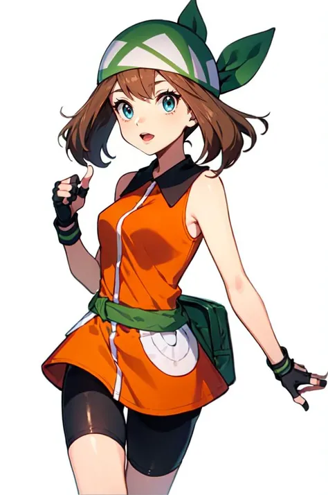 <lora:PKMN_May_Gen4_v1:1> pkmnmay, 1girl, solo, blue eyes, brown hair, bangs, bandana, green headwear, orange shirt, orange dress, collared dress, sleeveless, black gloves, black shorts, bike shorts, fingerless gloves, shorts under dress,, absurdres, ultra...