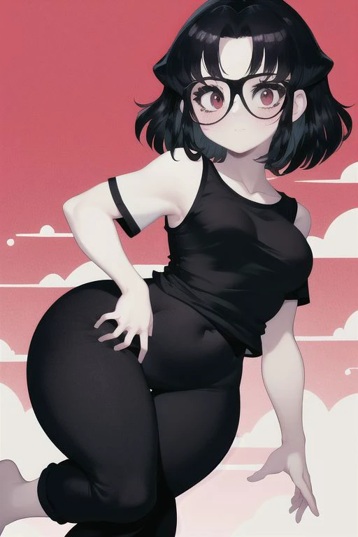 masterpiece, best quality, 1girl, solo, <lora:Parororo Style v3:1> glasses, Misato Katsuragi, slim, petite, short dark messy hair, fat pear shape very wide hips, thick thighs, dark T-shirt, black pijama pants, in japanese house,