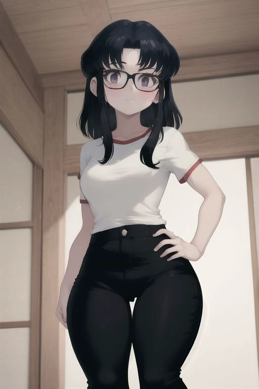 masterpiece, best quality, 1girl, solo, <lora:Parororo Style v3:1> glasses, Misato Katsuragi, slim, petite, short dark messy hair, fat pear shape very wide hips, thick thighs, dark T-shirt, black pijama pants, in japanese house,