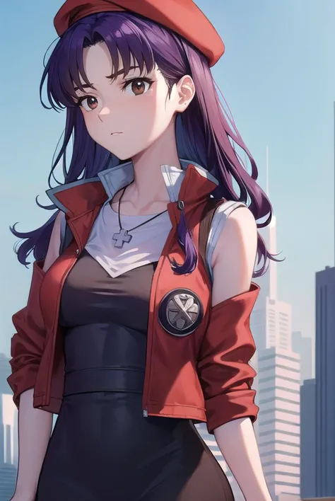 misatokatsuragi, <lyco:misatokatsuragi-lyco-nochekaiser:1>,
misato katsuragi, long hair, (brown eyes:1.5), blue hair, (purple hair:1.2),
BREAK hat, dress, bare shoulders, jewelry, jacket, earrings, open clothes, sleeveless, necklace, black dress, open jack...