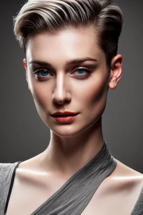 elz, full color portrait of woman, (slick undercut hair:1.0),
masterpiece, best quality, sharp focus, 8k highres, ultra-detailed, rim light, (grey background:1.0),
 <lora:CR-ElizabethDebicki-frankyfrank2k:1>