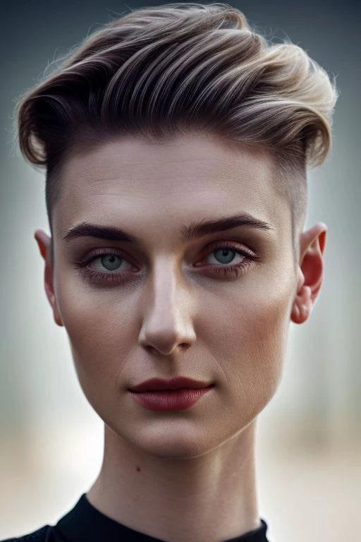 elz, full color portrait of woman, (slick undercut hair:1.0), (tilted angle, dutch angle:1.0),
masterpiece, best quality, sharp focus, 8k highres, ultra-detailed, rim light, (grey background:1.0),
 <lora:CR-ElizabethDebicki-frankyfrank2k:1>