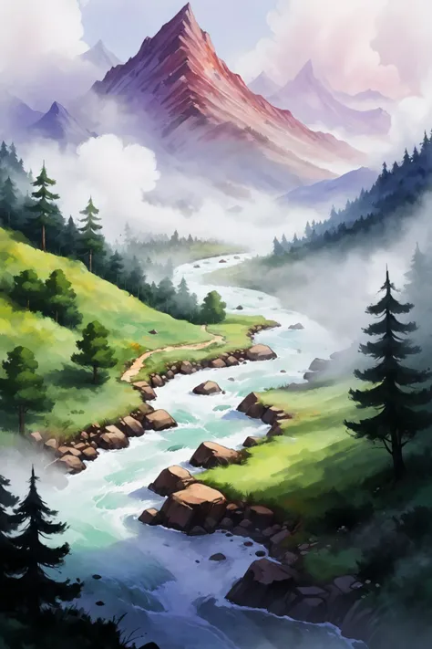 <lora:Retro_Illustration:1> 2d game scene, oil and watercolor painting <lora:MinimalLandscapeXL:0.8> drawing of a minimalist landscape, river, mist, clouds, mountain, tree, forest, (masterpiece:1.2), best quality