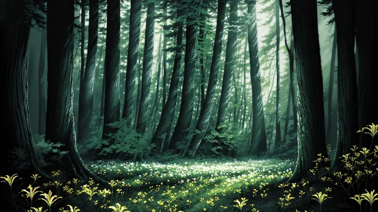 forest, massive trees, serene, reasonable structure, incredible view, high detail, abundant, 8k, realistic light and dark relationship, concept art, high detail, distinct, concept, epic, <lora:P_GHIBLI_V3:1>, white lilies, flowers, forest clearing, heart o...