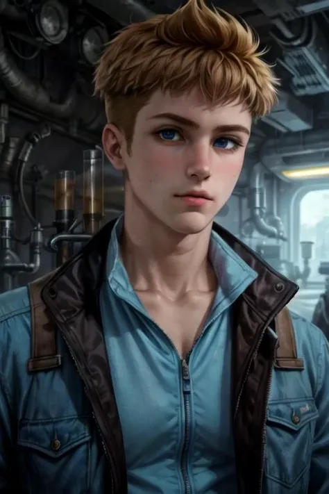 masterpiece, best quality, sketch, 1boy, solo, male focus, looking at viewer, upper body, , , realistic, <lora:roy_kaminaki_sekai:0.76>, roy_kaminaki_sekai, brown hair, blue eyes, jacket, , science fiction dieselpunk,