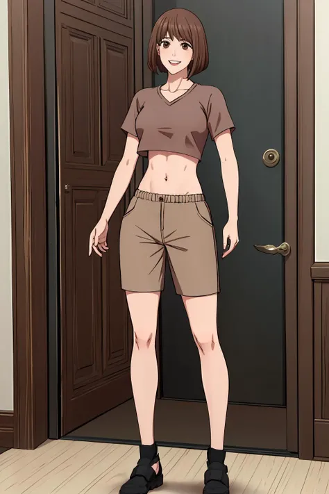 masterpiece,best quality, <lora:100_SeoHaNa-07:0.6> chopioseohana,1girl, solo, smile, short hair, brown hair, shirt, (brown eyes:1.25), short sleeves, bob cut,shorts,crop top,full body,medium breasts,indoors,in apartment,medieval Korean architecture,citysc...