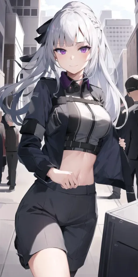 anime girl with white hair and black outfit walking down a street