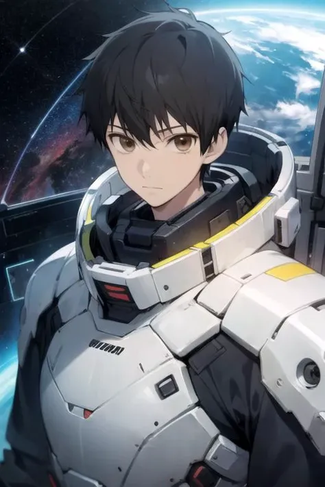 masterpiece, best quality, movie still, 1boy, solo, male focus, looking at viewer, upper body, , anime coloring, , <lora:kazuomi_inui:0.70>, kazuomi_inui, black hair, brown eyes, funny costume, science fiction space opera, HD