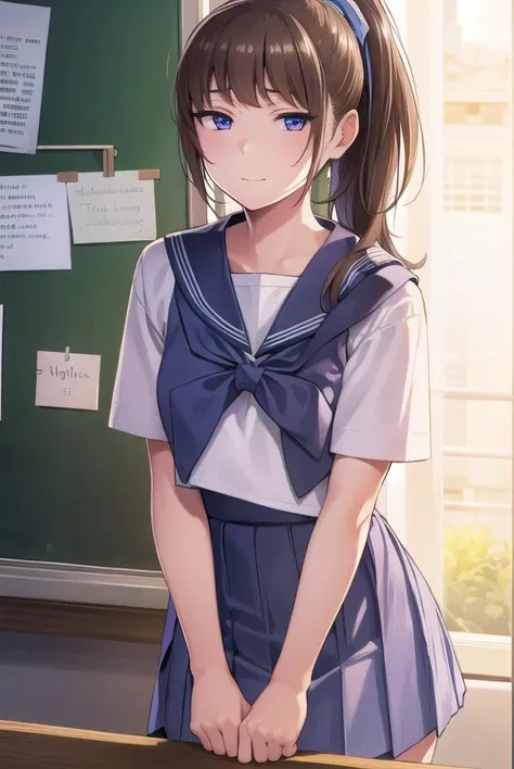 anime girl in a school uniform standing in front of a blackboard