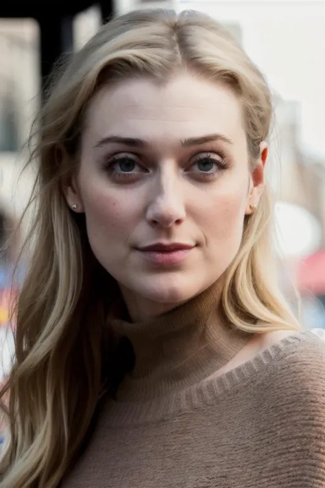 elizabethD1 piercing eyes, looking straight, very happy,long hair, wearing an off-shoulder sweater, choker, closeup portrait, in a outdoor cafe in 2015, afternoon light