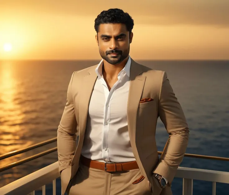 a man in a tan suit standing on a balcony next to the ocean