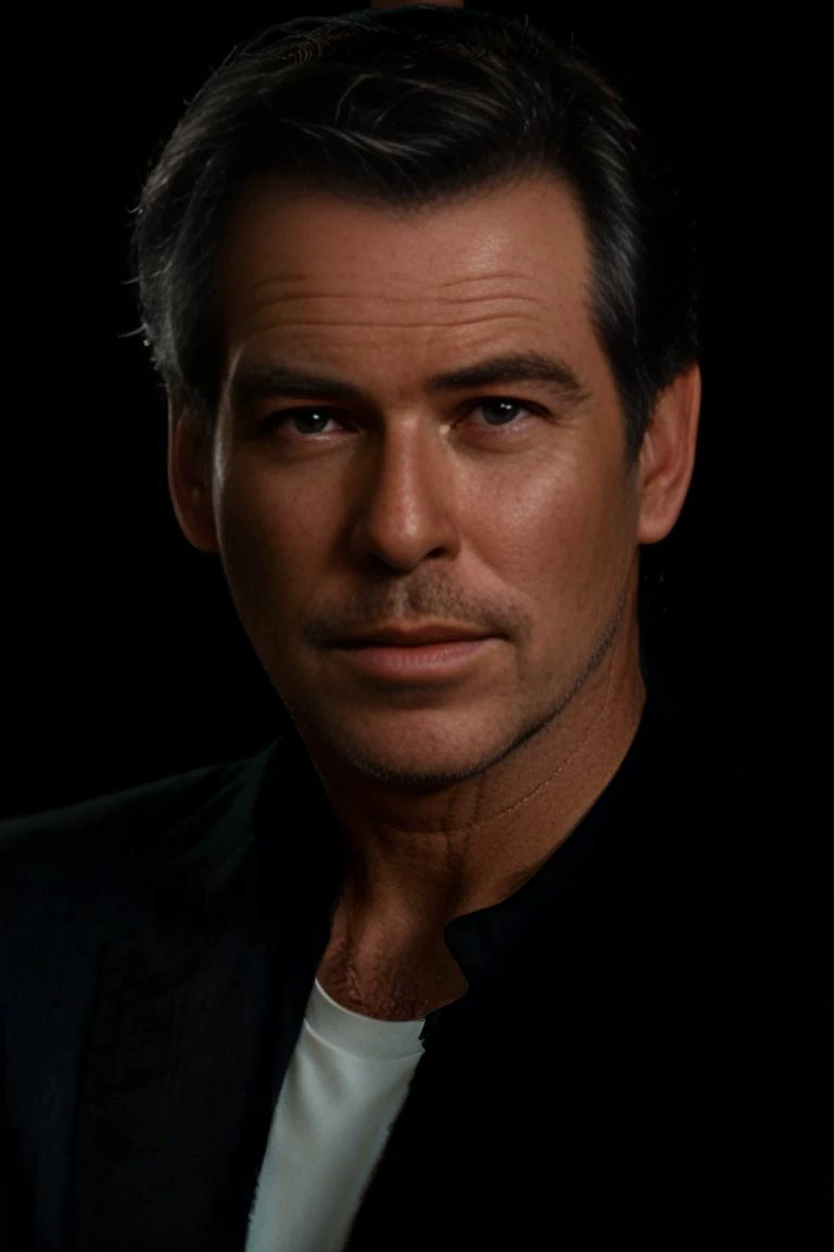 portrait of a award winning piercebrosnan posing in a dark studio, (rim lighting,:1.4) two tone lighting, sharp focus, teal hue, octane, unreal, dimly lit, low key,  <lora:epiNoiseoffset_v2:1> <lora:PierceBrosnan_SD1.5_V1:1>