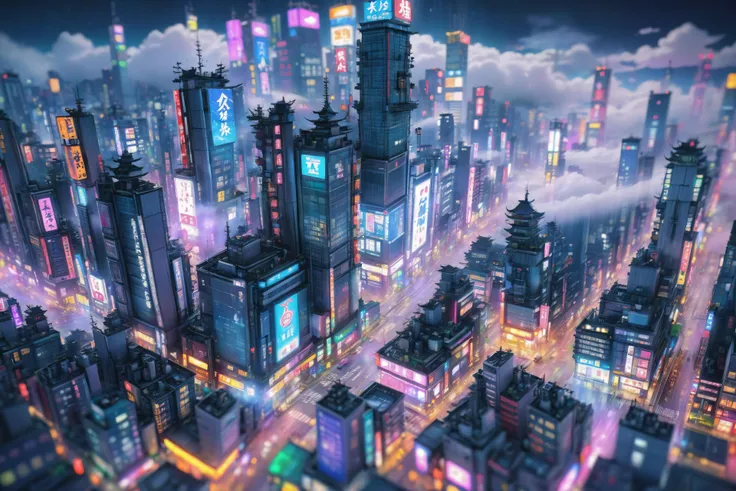 a view of a city at night with neon lights and clouds