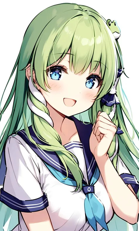 anime girl with green hair and blue eyes holding a cell phone