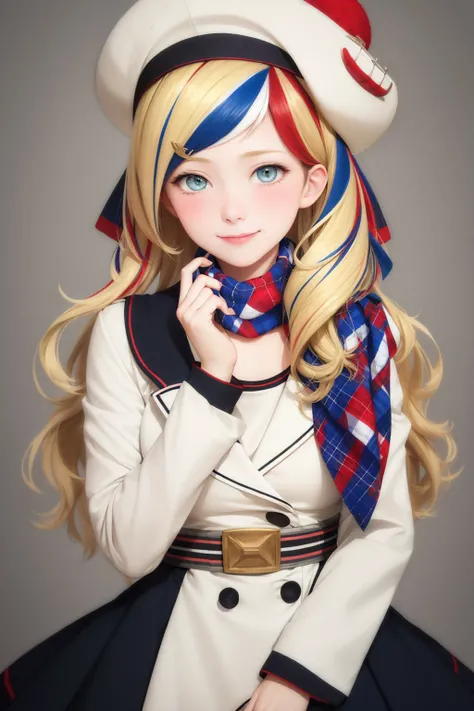 (masterpiece, best quality:1.2), <lyco:kancolle_commandantteste-10:1.0>, cowboy shot, solo, 1girl, commandant teste, smile, closed mouth, looking at viewer, beret, multicolored clothes, jacket, buttons, double-breasted, dress, multicolored scarf