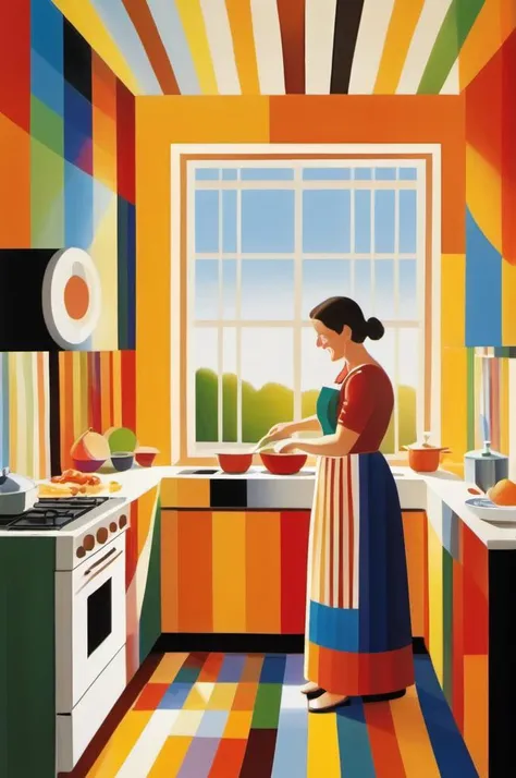 <lora:Yaacov Agam Style:1> Yaacov Agam Style,  A highly detailed mother in her kitchen preparing meal, window sunny day, happy, smiling,