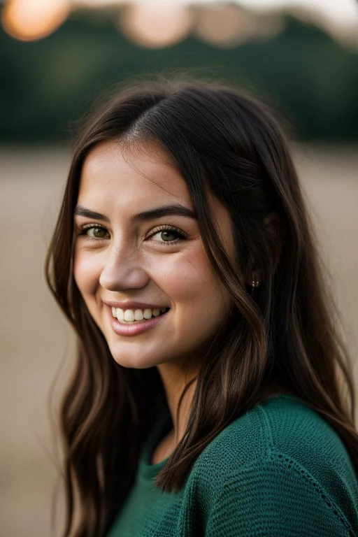 Realistic photo of a beautiful 4n4d34rm4s-v2 woman,  1girl, solo, long hair, looking at viewer, smile, makeup, simple background, brown hair, shirt, green eyes, upper body, teeth, mole, grin, lips, black shirt, portrait, realistic, nose, soft lighting, pro...