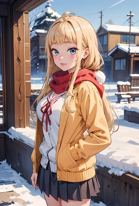 (masterpiece, best quality), 1girl, <lora:minami_scarxzys:0.8> minami, blue eyes, eyelashes, blonde hair, blunt bangs, ahoge, long hair, sidelocks, jewelry, blue blazer, jacket, long sleeves, open clothes, pink cardigan, red ribbon, grey skirt, pleated ski...