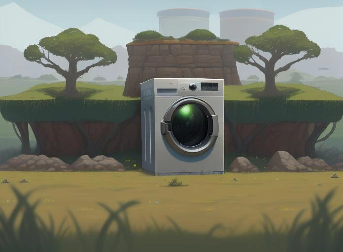 a close up of a washing machine in a field with trees