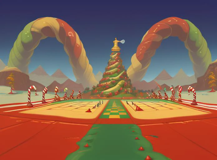 a cartoon christmas scene with a giant candy tree and a giant candy cane