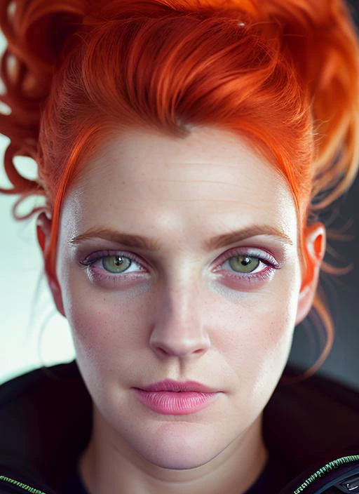 portrait of skswoman, sleepy , wearing custom-made , with orange Half-up, half-down hairstyle epic (photo, studio lighting, hard light, sony a7, 50 mm, matte skin, pores, colors, hyperdetailed, hyperrealistic), <lyco:Drew Barrymore:1.2>