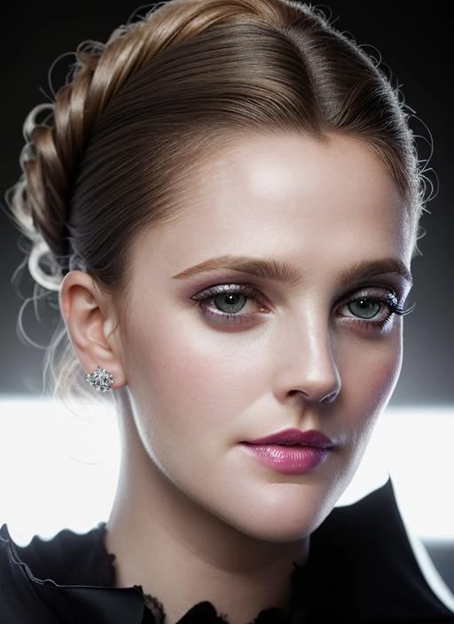 portrait of skswoman, :o , wearing haute couture , with gray Updo epic (photo, studio lighting, hard light, sony a7, 50 mm, matte skin, pores, colors, hyperdetailed, hyperrealistic), <lyco:Drew Barrymore:1.2>