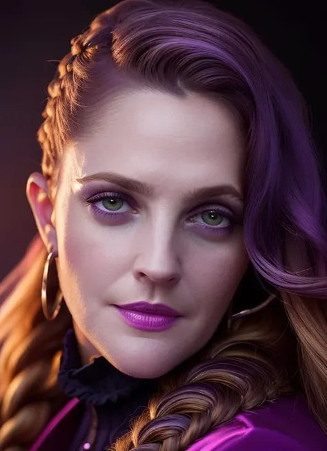 portrait of skswoman, suspicious , wearing luxury fabrics , with purple Fishtail braid epic (photo, studio lighting, hard light, sony a7, 50 mm, matte skin, pores, colors, hyperdetailed, hyperrealistic), <lyco:Drew Barrymore:1.2>