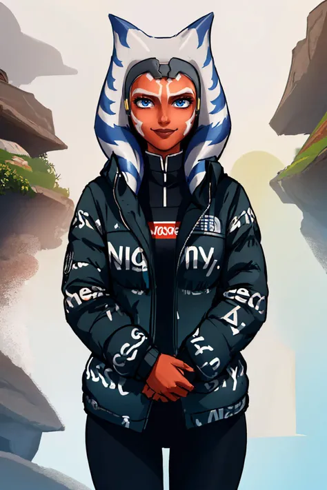 a cartoon of a woman in a jacket and hoodie standing in front of a river