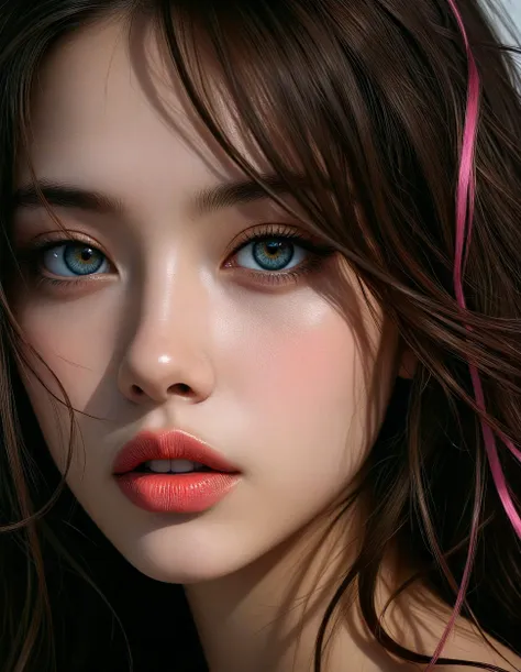 (dark mood masterpiece Photography:1.2), face close-up of a mysterious woman with expressive eyes, bold eyeliner and sensuous full lips, long messy brown hair with pink strands, windy, white and gold color scheme.  The extreme realism focuses on her detail...