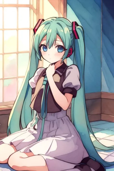 masterpiece, best quality, game cg, 1girl, hatsune miku, blue eyes, blue hair, solo, looking at viewer, , , (watercolor illustration, soft pastel colors:1.1), , , , <lora:hanako-kun_style:0.9>, hanako-kun_style