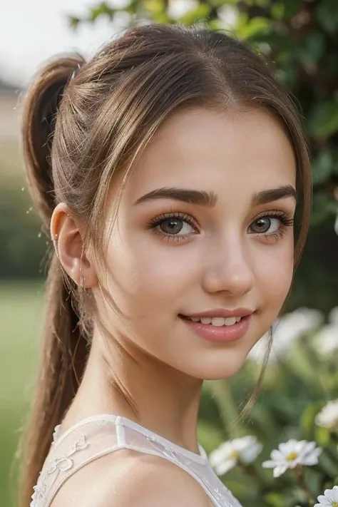 close photo of  S068_SophieXDT, 18yo woman, in a (garden:1.1), wearing a (sheer white dress:1.1),(smiling), (high ponytail:1.1), (4k, RAW photo, best quality, depth of field, ultra high res:1.1),(absurdres, intricate, photorealistic, masterpiece, ultra-det...