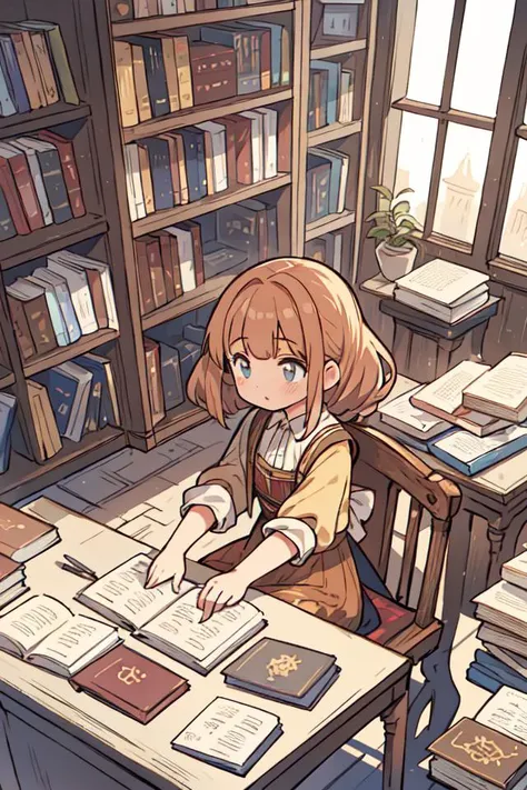 masterpiece, best quality,  1girl, from_above, dutch_angle, isometric, facing_to_the_side, antique bookstore, sitting at desk,