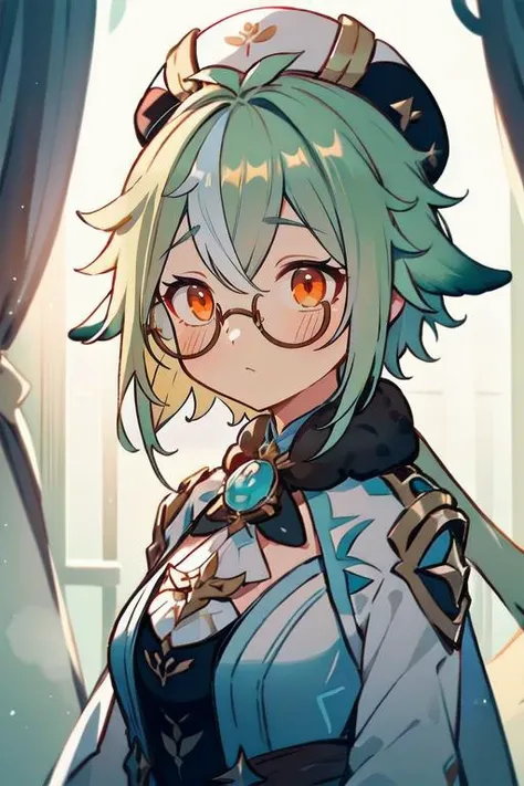 sucrose (genshin impact), semi-rimless eyewear, shy, (masterpiece, best quality, ultra-detailed), (volumetric lighting), 1girl, solo, beret, mksks style, upper body
in a chemistry lab,
orange eyes
dramatic lighting
<lora:Genshin Impact - Sucrose v2 @ sucro...