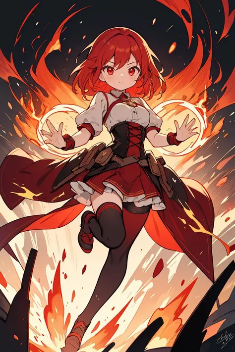 (masterpiece, best quality), 1girl, red hair, flaming hair, red eyes, flames, hands in flame, flame blade, red magic circle, red corset, black thighhighs, sidelighting, light particles, abstract,