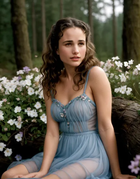 andie macdowell, cute blue disney style sheer dress, perky breasts, perfect eyes, highly detailed beautiful expressive eyes, lit...