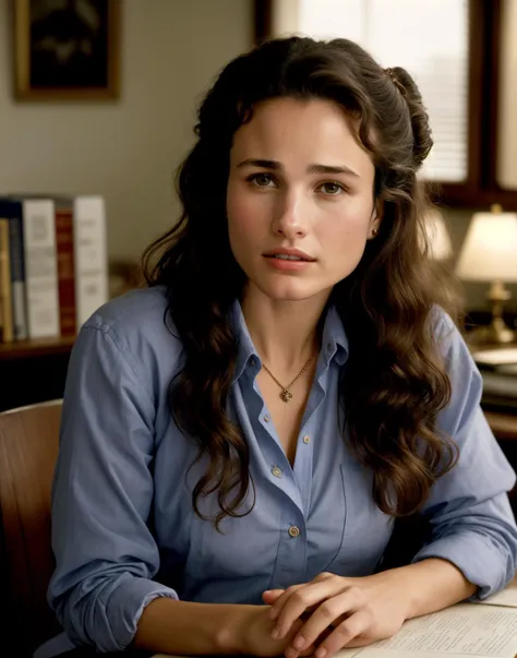 Andie MacDowell, best quality, masterpiece, highly detailed, ultra-detailed, 1girl, in an office, short plaid skirt, button down shirt, sitting at desk, perfect eyes, highly detailed beautiful expressive eyes, detailed eyes, glamorous hair, 35mm photograph...