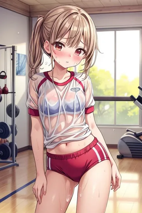 ultra-detailed,masterpiece,best quality,1girl,(petite),blush,middle breasts,sgu,gym uniform,indoor,volleyball court,see-through,bra,sweat,wet,volleyball net<lora:add_detail:1>  <lora:sgu:0.6>