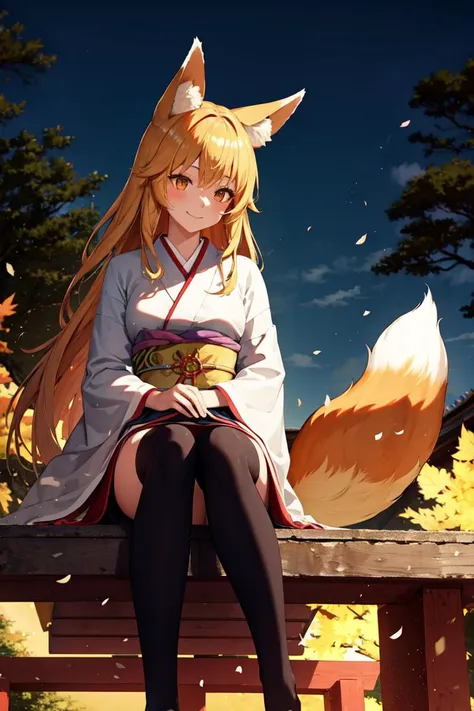 anime girl sitting on a bench with a fox head on her head