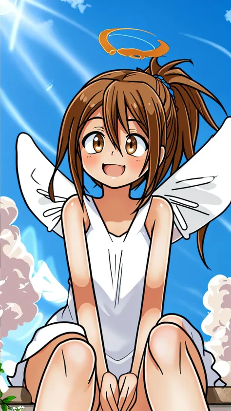 <lora:Erika:0.8> Erika, 1girl, jagoerika, messy hair, brown eyes, brown hair, ponytail, BREAK, <lora:AngelT:1> AngelT, angel wings, halo, smile, BREAK, sunbeam, sky, cloud, sitting on cloud, on cloud